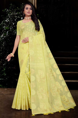 Womens Cotton Yellow Saree With Blouse Piece