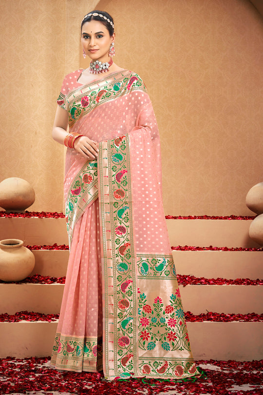 Pink Cotton Saree With Blouse Piece
