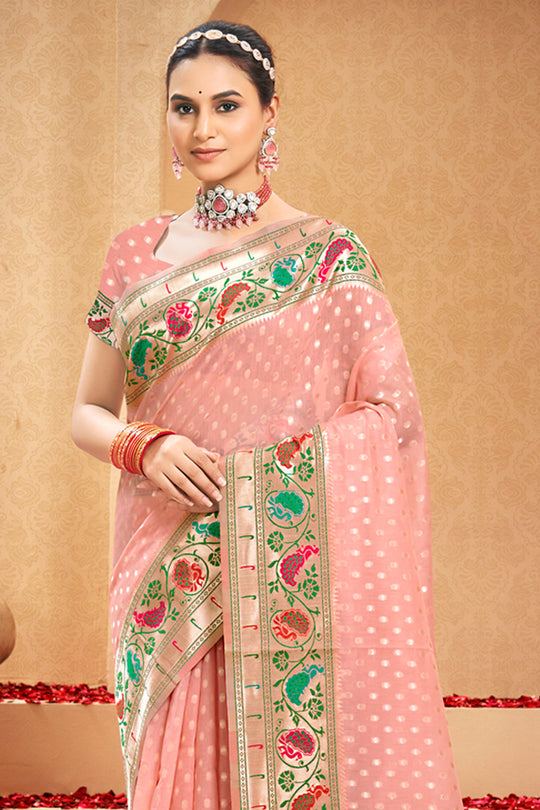 Pink Cotton Saree With Blouse Piece