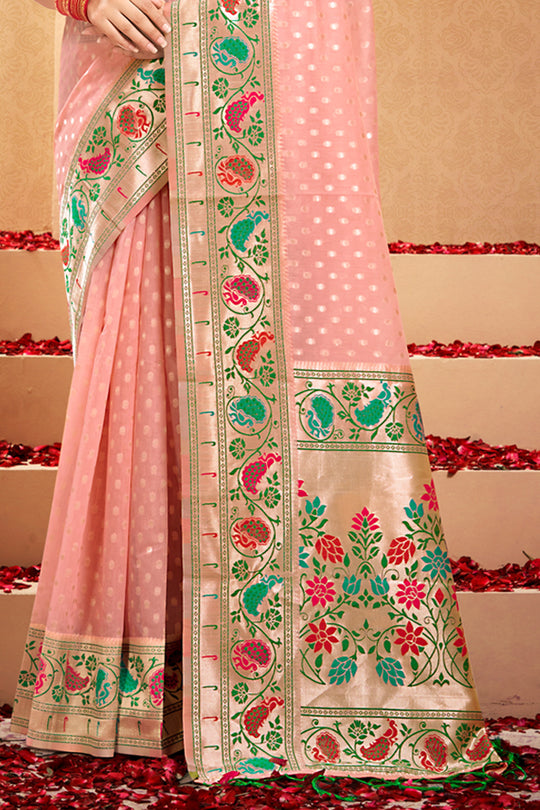 Pink Cotton Saree With Blouse Piece