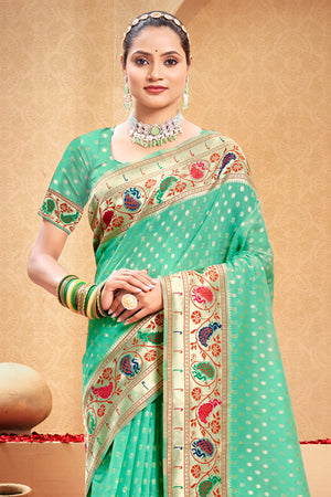 Sea Green Cotton Saree With Blouse Piece