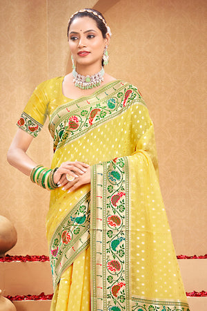 Yellow Cotton Saree With Blouse Piece