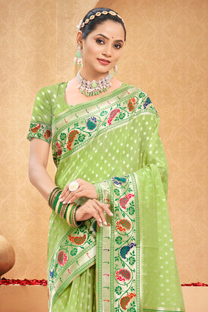 Light Green Cotton Saree With Blouse Piece