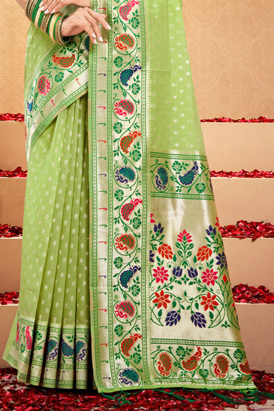 Light Green Cotton Saree With Blouse Piece