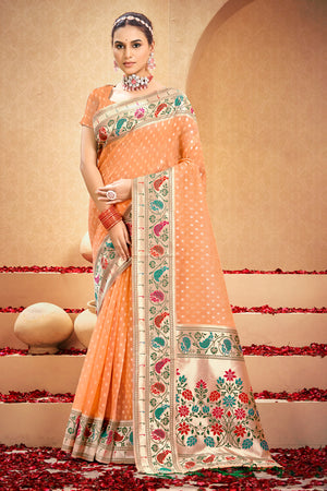 Peach Cotton Saree With Blouse Piece