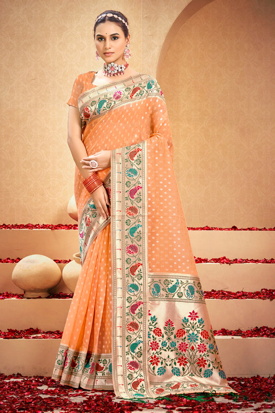 Peach Cotton Saree With Blouse Piece