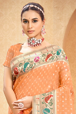 Peach Cotton Saree With Blouse Piece