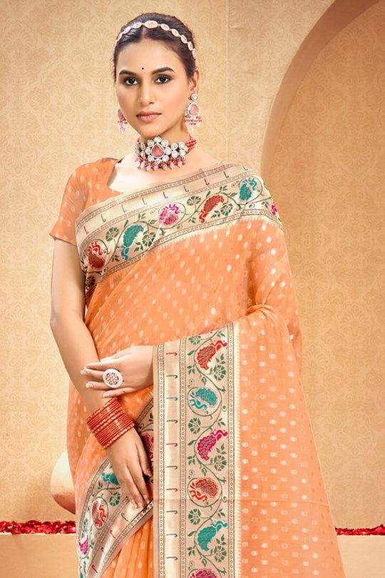 Peach Cotton Saree With Blouse Piece