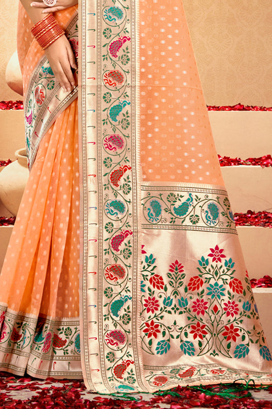 Peach Cotton Saree With Blouse Piece