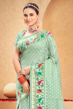 Light Green Cotton Saree With Blouse Piece