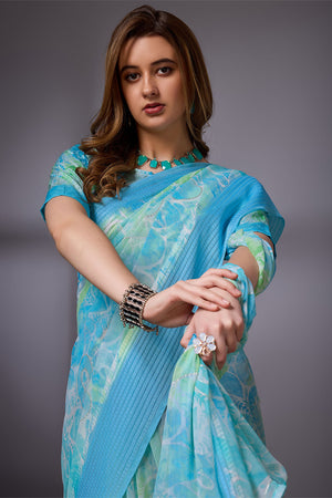 Blue Georgette Saree With Blouse Piece