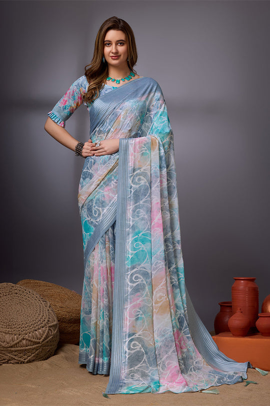 Blue Georgette Saree With Blouse Piece