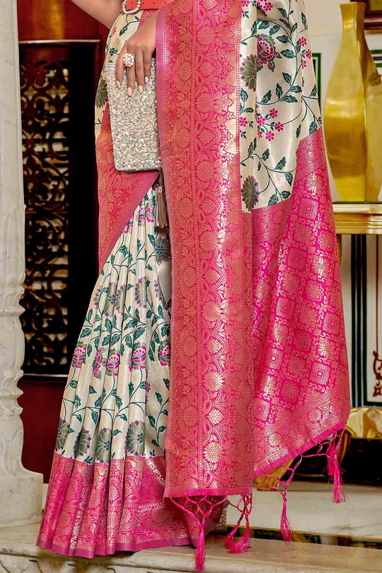 Off White And Pink Banarasi Saree