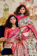 Off White And Pink Banarasi Saree