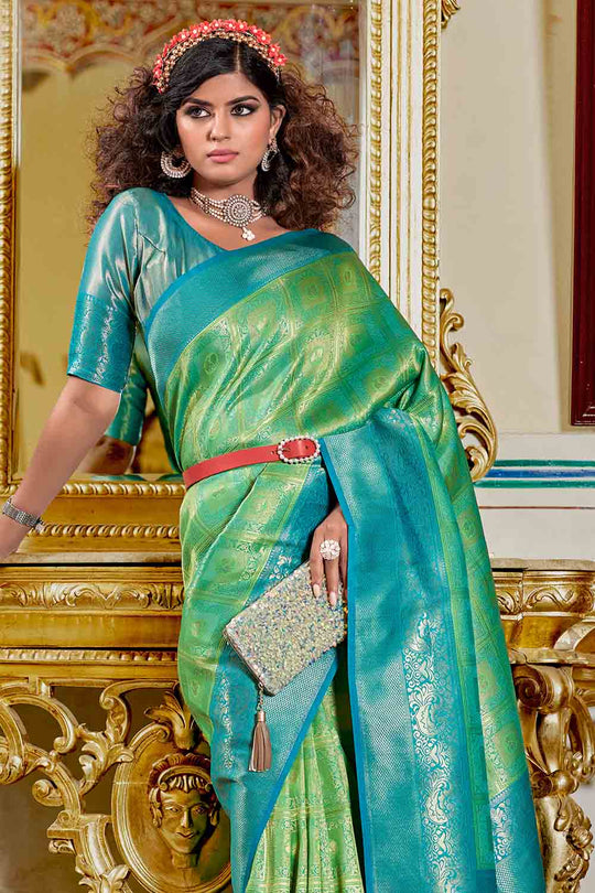 Lime Green And Blue Banarasi Saree