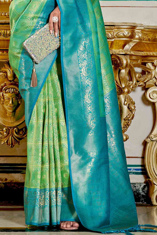 Lime Green And Blue Banarasi Saree
