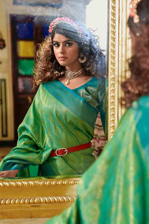 Lime Green And Blue Banarasi Saree
