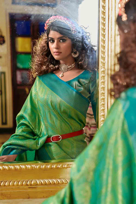 Lime Green And Blue Banarasi Saree