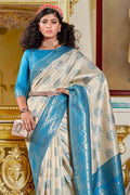 White And Blue Banarasi Saree