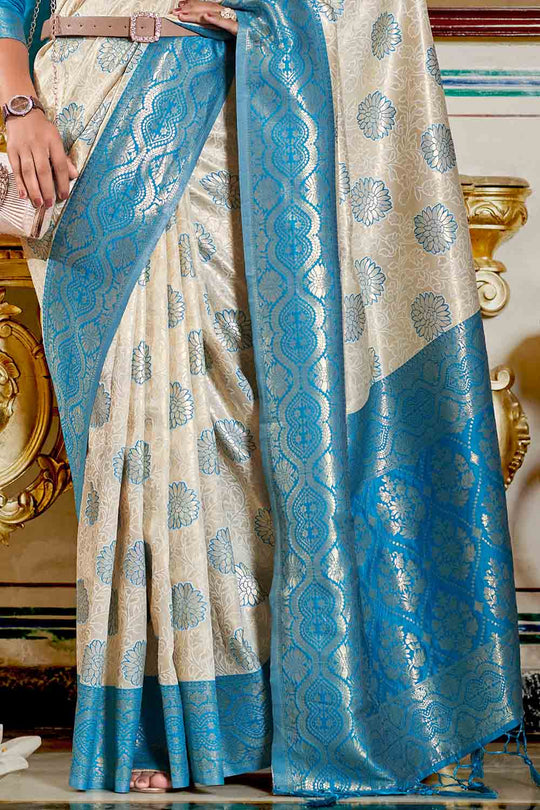 White And Blue Banarasi Saree