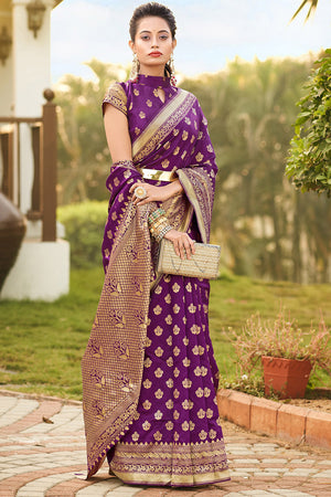 Womens Banarasi Silk Violet Saree With Blouse Piece