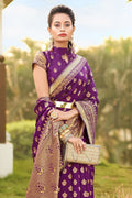 Womens Banarasi Silk Violet Saree With Blouse Piece