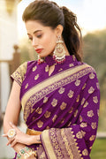 Womens Banarasi Silk Violet Saree With Blouse Piece