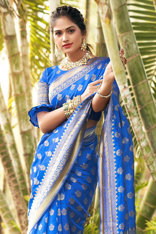 Cyan Blue Banarasi Saree