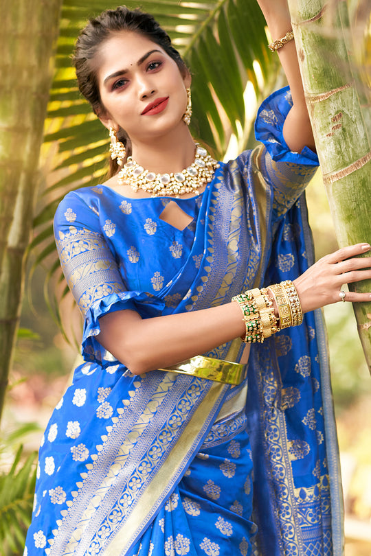 Cyan Blue Banarasi Saree