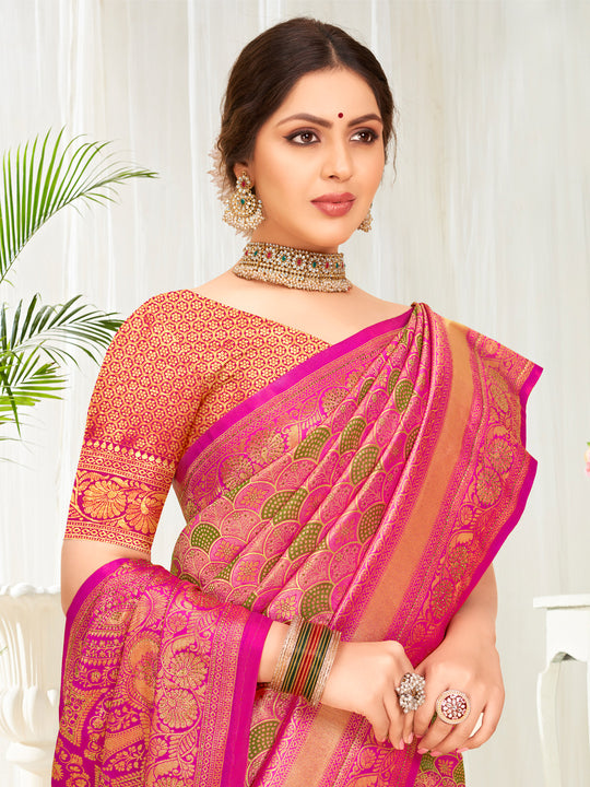 Pink Banarasi Silk Saree With Blouse Piece