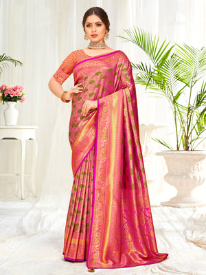 Pink Banarasi Silk Saree With Blouse Piece