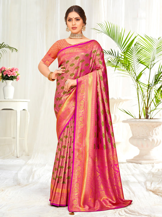 Pink Banarasi Silk Saree With Blouse Piece