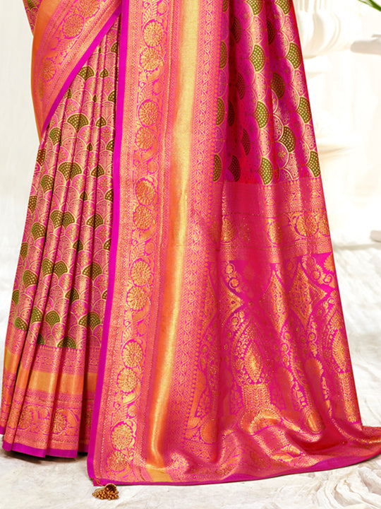Pink Banarasi Silk Saree With Blouse Piece