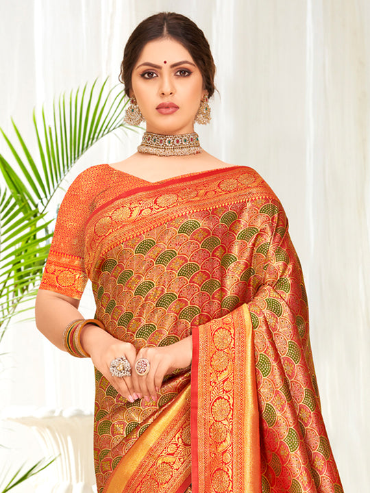 Orange Banarasi Silk Saree With Blouse Piece