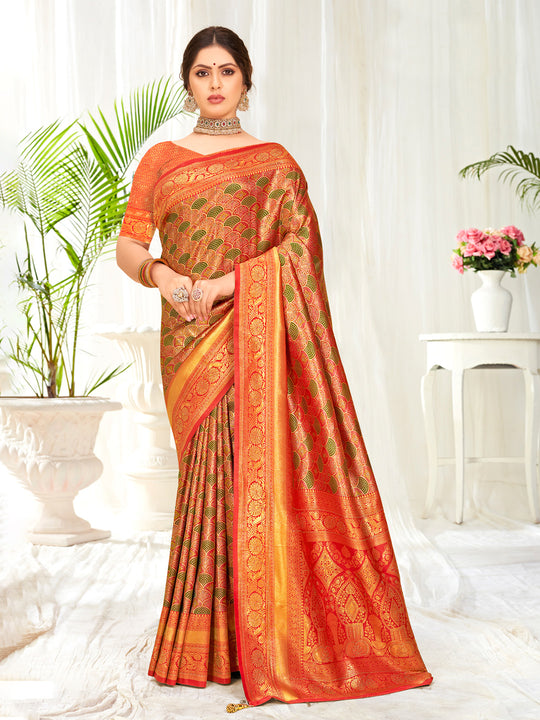 Orange Banarasi Silk Saree With Blouse Piece