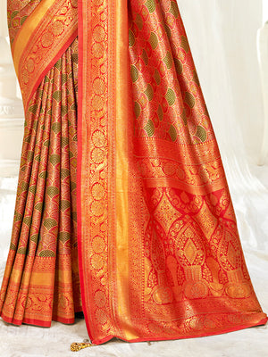 Orange Banarasi Silk Saree With Blouse Piece