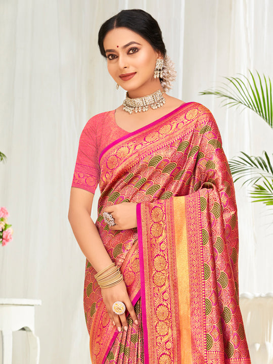 Pink Banarasi Silk Saree With Blouse Piece