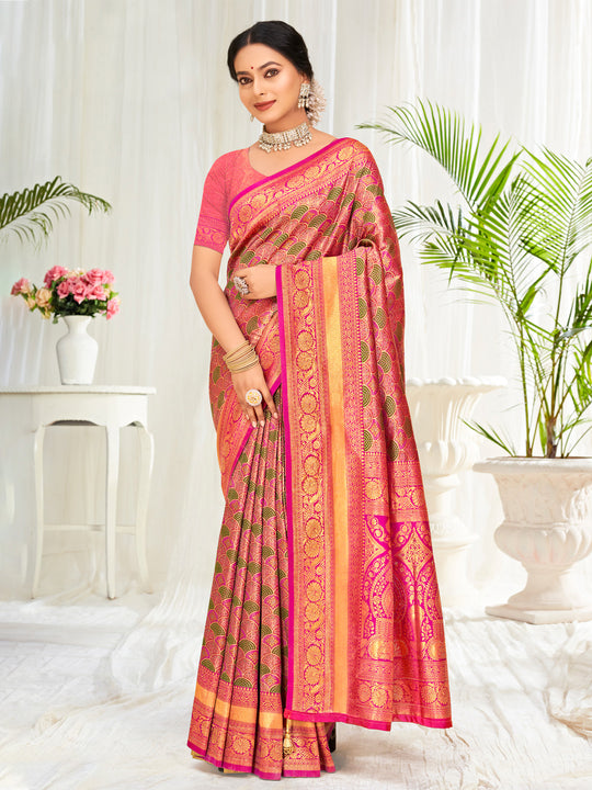 Pink Banarasi Silk Saree With Blouse Piece