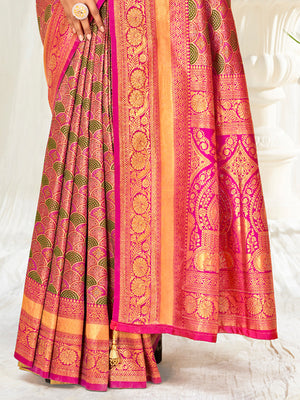 Pink Banarasi Silk Saree With Blouse Piece