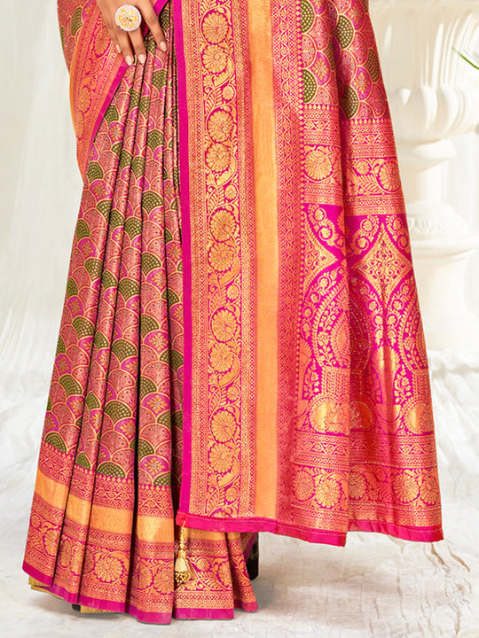 Pink Banarasi Silk Saree With Blouse Piece