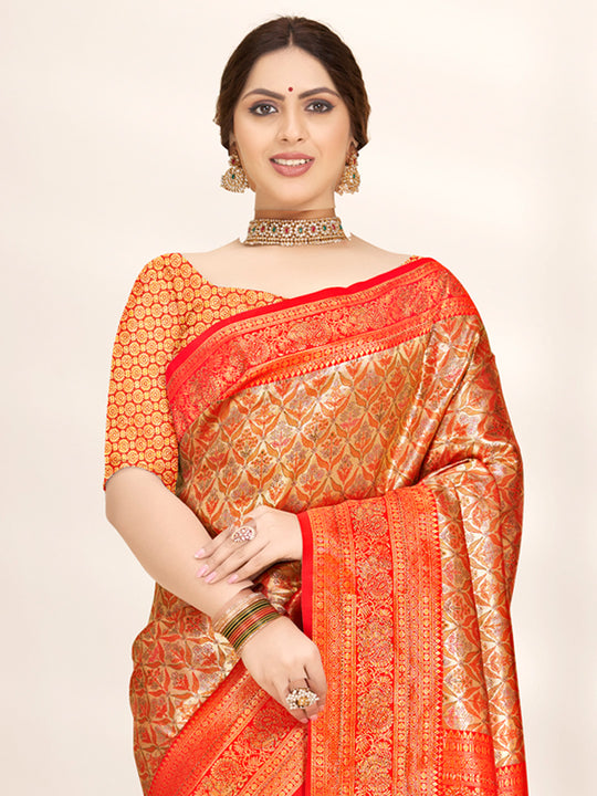 Orange Banarasi Silk Saree With Blouse Piece