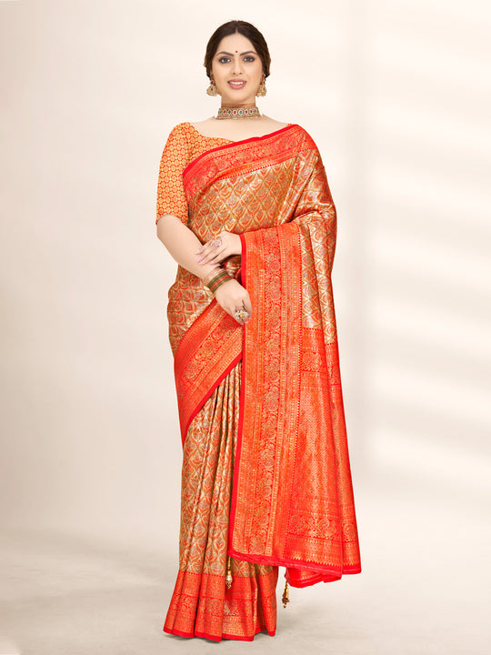 Orange Banarasi Silk Saree With Blouse Piece