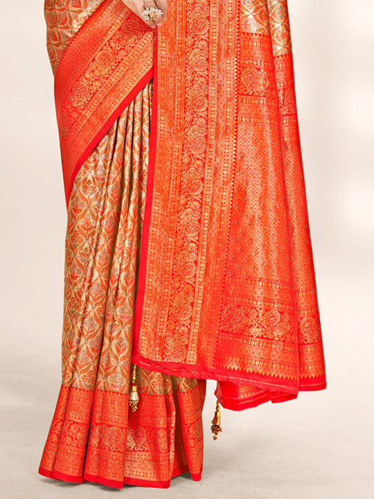 Orange Banarasi Silk Saree With Blouse Piece