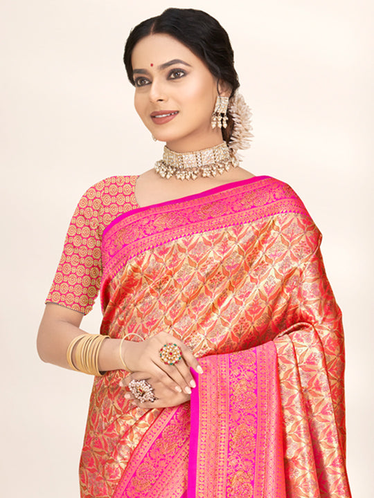 Pink Banarasi Silk Saree With Blouse Piece