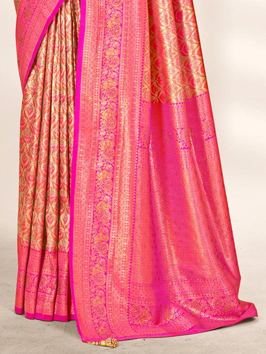 Pink Banarasi Silk Saree With Blouse Piece