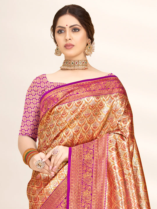 Wine Banarasi Silk Saree With Blouse Piece