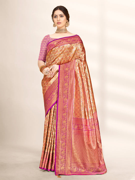 Wine Banarasi Silk Saree With Blouse Piece