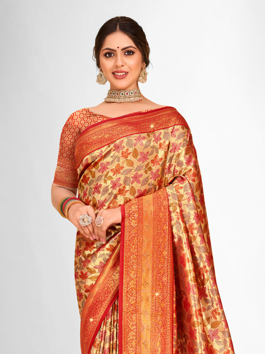 Red Banarasi Silk Saree With Blouse Piece