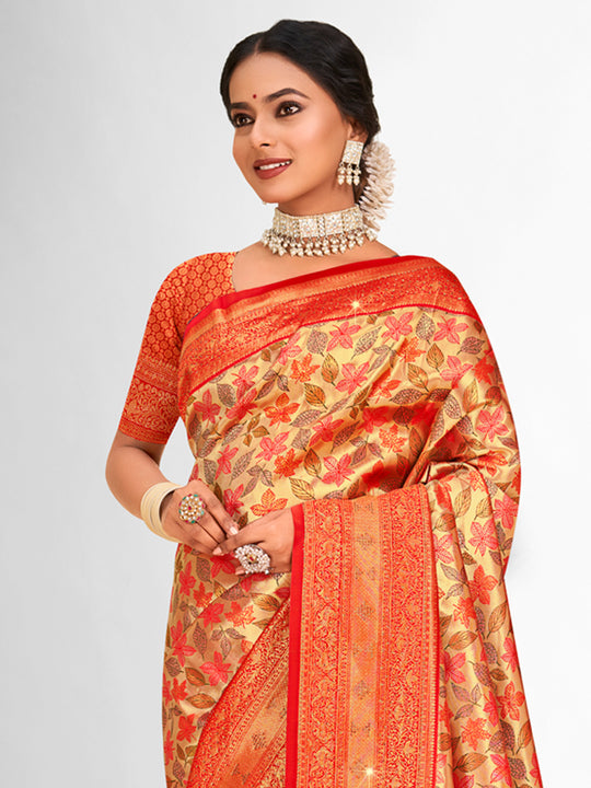 Orange Banarasi Silk Saree With Blouse Piece