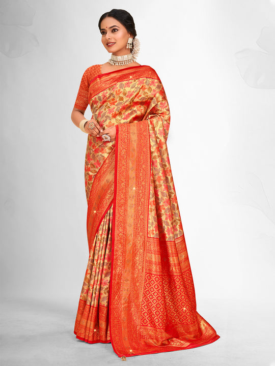Orange Banarasi Silk Saree With Blouse Piece